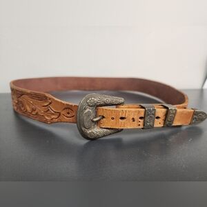 Vintage Tooled Leather Belt | Floral Western Design | Initialed “BOB” | Size M
